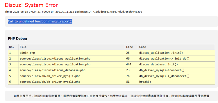 discuz 錯誤訊息  undefined function mysqli_report